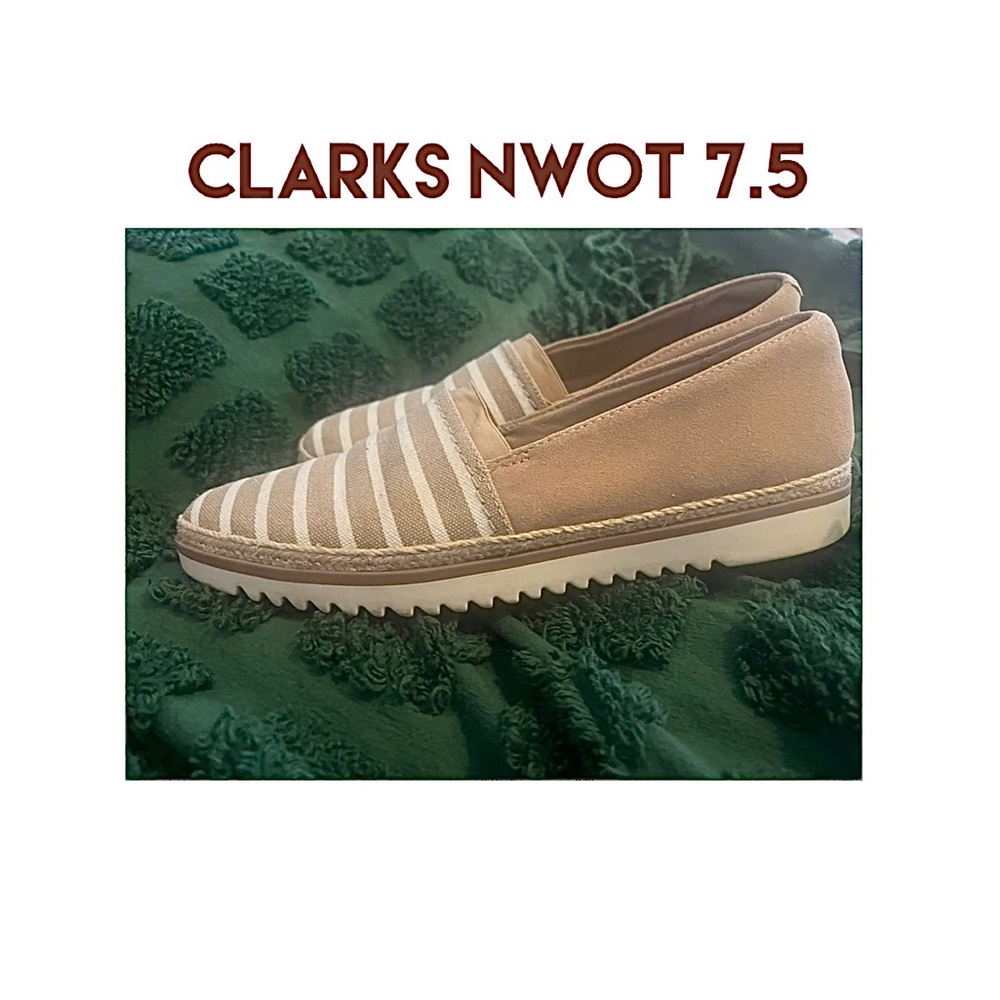 Clarks Tan and White Striped Flats